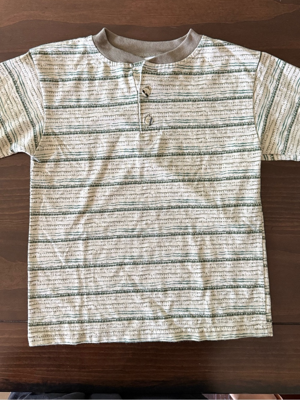 Vintage Basic Editions Cream Short Sleeve Henley Tee with Green & Gray Stripes
